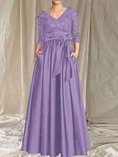billiga Golvlängd-A-linjeformad Mor till Bruden Klänning Bröllop Gäst Elegant V-ringad Golvlängd Satin Spets 3/4 Längd Ärmar Med Spetsrosett Fickor