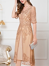 preiswerte Teelänge-Kleid Brautmutterkleid Hochzeitsgast Elegant Chinesischer Stil V Ausschnitt Knielang Polyester Baumwollmischung Halbarm mit Stickerei 2025