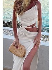 economico Abiti di Laurea-Per donna Abito Midi Abito Bianco Abito da laurea Abito Sottoveste Moda Compleanno Laurea Data Vestibilità regolare Semplice Senza Maniche Spalline sottili Rosa chiaro Nero Bianco Giallo Estate