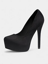 abordables Fête de la Vie Nocturne-Escarpins à talons hauts noirs pour femmes – Escarpins à talons aiguilles en daim élégants des années 1980 pour fêtes, mariages et soirées