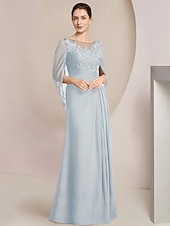economico Lunghezza del pavimento-Abito Sheath Madre della Sposa Abito Elegante Collo Gioiello Lunghezza Piena Chiffon Manica Mezza con Pizzo Drappeggiato Laterale a Colore Solido taglia personalizzata gratuita