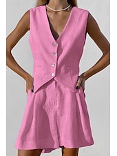 abordables Ensembles-Femmes Mode Streetwear Ensembles inspirés du lin Ensembles deux pièces Chemisier Sans manches Col en V Couleur Unie Dubbele Rij Knopen Sortir Décontracté Quotidien Blanche Bleu Orange Été Coupe