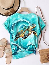 cheap Hawaiian tee-Women&#039;s T Shirt Graphic Ocean Sea Turtle Stylish Casual Short Sleeve Round Neck Regular Tops Daily Weekend Print Blue Summer Spring