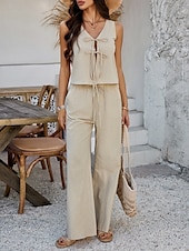 cheap Sets-Women&#039;s Active Basic Linen-Inspired Sets Two Piece Sets Vest Sleeveless V Neck Solid Color Lace up Casual Daily White Wine Dark Navy Summer Regular Fit