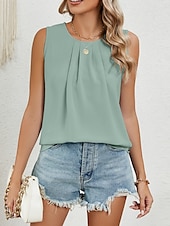 billige Tanks og camisole til kvinner-Dame Skjorte Bluse Helfarge Stilfull Fritid Ermeløs Crew-hals Vanlige topper Daglig Svart Hvit Rosa Vin Grønn Sommer Vår