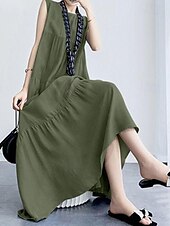 abordables Robes-Femmes Robe Longue Maxi Robe Robes inspirées du lin Robe Décontractée Mode Classique Moderne Vacances Sortir Week-end Coupe régulière Uni Sans manches Col ras du cou Noir Vert Gris Été