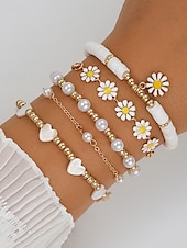 cheap Women&#039;s Bracelet-&quot;Boho Daisy Pearl Bracelet Set for Women – Gold Chain &amp; Beaded Layered Bracelets, Cute Floral Jewelry for Summer, Beach, Festivals and Casual Wear&quot;