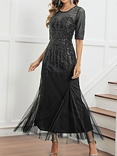 cheap Under $129.99-Dress Mother of the Bride Dress Elegant Party Black Dress Crew Neck Floor Length Polyester Half Sleeve with Sequin 2025