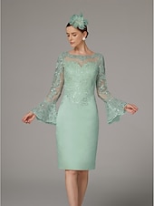 preiswerte Teelänge-Sheath Kleid Mutter der Braut Kleid Elegantes Vintage Luxuriös Juwelen-Hals Knie-Länge Satin Spitze Langarm Tee-Länge mit Applikationen