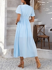 preiswerte Einfaches Kleid-Damen Maxi Kleid A-Linie Kleid Einfarbig Fit And Flare Kleid Puffärmelkleid Lässig Urlaub Täglich Reguläre Passform Grafik Kurzarm V-Ausschnitt Schwarz Gelb Pink Himmel Blau Sommer