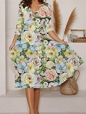 abordables Robes fleuries-Femmes Robe Midi Robe trapèze Robe d&#039;été Vacances Occasionnel Quotidien Coupe régulière Fleuri Graphique manche longue Col en V Rose Claire Bleu Vert Été