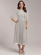 abordables Longueur du thé-Robe Mère de la Mariée A-Line Élégante Simple Décontractée Col Ronde Longue en Chiffon À Manches Mi-Longues avec Appliques Florales en Dentelle Plis de Genoux Printemps Été Robe Midi 2025