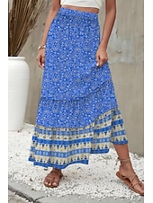 preiswerte Grafische Röcke-Damen Rock Mode Boho Maxi Mittlere Hüfthöhe Röcke Blumen Druck Mikroelastisch Straße Ausgehen Rote Sommer Polyester