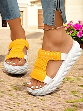 billige Uformelle sandaler-vevde plattformsandaler for kvinner - trendy gule lysbilder med åpen tå, behagelig sommerfottøy for fritids- og ferieklær