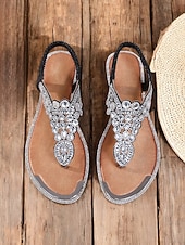 baratos Mulheres-sandálias femininas estilo boho marrom enfeitadas – calçados de tiras baixas adornados com cristais para festivais de verão, viagens à praia e reuniões casuais