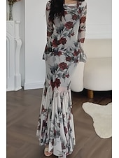abordables Robes fleuries décontractées-Femme robe longue Robe Fourreau Robe à fleurs Robe imprimée Mode Robe chic Extérieur Vacances Rendez-vous Standard Fleur manche longue Col Ras du Cou Rouge Rose Printemps