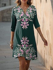 abordables Robe Boho-Robe Mini Femme Robe Shift Formelle Vacances Quotidien Ajustement Régulier Floral Graphique Manches 3/4 Col V Bleu Violet Vert Été Printemps
