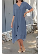 abordables Robes-Femmes Robe Midi Robes inspirées du lin Robe en coton et lin Mode Basique Moderne Quotidien Fête Week-end Coupe régulière Uni Manche Courte Col en V Noir Blanche Bleu de minuit Été