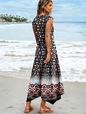 preiswerte Boho Kleider-Damen Maxikleid Sommerkleid A Linie Kleid Urlaub Boho Strand Party Strand Standard Passform Ombre Blumen Grafik Ärmellos V Ausschnitt Schwarz Sommer Frühling
