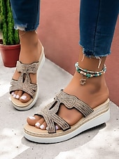 cheap Vacation Sandals-Women&#039;s Rhinestone Wedge Sandals – Elegant Slip-On Platform Slides for Summer, Beach, and Casual Outings