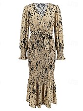 preiswerte abendkleider-Damen Midikleid Cocktailkleid Etui-Kleid Mode Urlaub Ferien Teegesellschaft Normale Passform Leopard Langarm V Ausschnitt Schwarz Khaki Aprikose Sommer