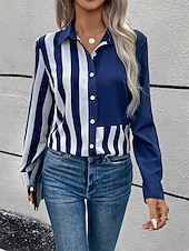 billige Kvinne Striper &amp; Geometriske Topper-Dame Skjorte Grafisk Stripet Fritid Langermet Skjortekrage Vanlige topper Arbeid Daglig Ut på byen Knapper Trykt mønster Blå Sommer Vår Høst