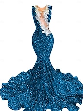 preiswerte Abendkleider-Meerjungfrau  Trompete Abendkleid Partykleid Abendparty Abschlussball Sweep  Brush Zug Ärmellos Schmuckstein-Ausschnitt Spandex mit Glitzer Perlen Pailletten
