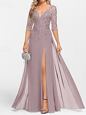 preiswerte Bodenlänge-A-Linie Brautmutterkleid Hochzeitsgast Elegant V Ausschnitt Bodenlang Chiffon Halbarm mit Applikationen Geteilter Vorderteil 2025