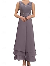 economico Tailleur pantalone della mamma-Set di Abiti Madre della Sposa Abito Ospite di Matrimonio Elegante Semplice V Collo Lunghezza Piena Poliestere Maniche Lunghe con Ricamo