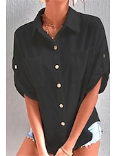 preiswerte Hemden-Damen Hemd Baumwoll-Leinen-Hemden Knopfleiste Bluse Einfach Basic Lässig Kurzarm Hemdkragen Normale Oberteile Ferien Ausgehen Knöpfe Tasche Schwarz Weiß Marineblau Khaki Grau Sommer