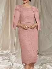 abordables Longueur du thé-Robe Deux Pièces Moulante  Colonne Mère de la Mariée Robe Invité de Mariage Élégante Col Ronde Longueur Thé Manches 3/4 avec Dentelle perles Robe Midi