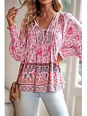 billige Blomstrete topper-Dame Skjorte Bluse Blomsternål i krystall Daglig Stilfull Fritid Langermet V-hals Vanlige topper Daglig Ferie Trykt mønster Rosa Navyblå Blå Aprikos Vår