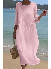 cheap Dresses-Women&#039;s Midi Dress Cotton Linen Dresses Casual Dress Fashion Basic Classic Daily Beach Weekend Regular Fit Plain Half Sleeve Crew Neck White Pink Light Blue Summer