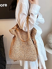 tanie Torby i torebki-ręcznie tkana słomiana torba typu bucket – torba na ramię ze ściągaczem boho, lekka letnia torebka plażowa dla kobiet, swobodny dodatek na wakacje i podróż w kolorze beżowym, kawowym