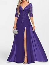 preiswerte Bodenlänge-A-Linie Brautmutterkleid Hochzeitsgast Elegant V Ausschnitt Bodenlang Chiffon Halbarm mit Applikationen Geteilter Vorderteil 2025
