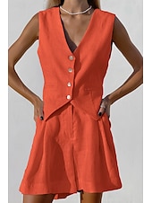 abordables Ensembles-Femmes Mode Streetwear Ensembles inspirés du lin Ensembles deux pièces Chemisier Sans manches Col en V Couleur Unie Dubbele Rij Knopen Sortir Décontracté Quotidien Blanche Bleu Orange Été Coupe