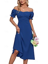 abordables Robes de vacances-Femmes Robe Midi Robe en coton et lin Mode Basique Moderne Quotidien Fête Sortir Coupe régulière Uni Manche Courte Épaules Dénudées Vert Claire Bleu Roi Violet Marron Été