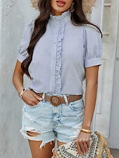 voordelige Dames eenvoudige tops-Dames Overhemd Gestreept Stijlvol Casual Korte mouw Overhemdkraag Normale tops Dagelijks Ruche Knop Afdrukken Wit Blozend Roze blauw Groen Zomer