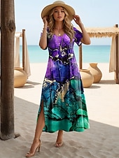 cheap Art&amp;Design Dress-Women&#039;s Midi Dress Sundress A Line Dress Vacation Casual Boho Butterfly Sleeve Vacation Going out Regular Fit Floral Graphic Rainbow Short Sleeve Crewneck Light Purple Purple Rainbow Summer