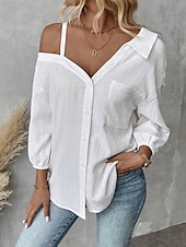 preiswerte Damen Einfache Oberteile-Damen Hemd Einfarbig Stilvoll Lässig Langarm Hemdkragen Normale Oberteile Täglich Knöpfe Tasche Schwarz Weiß Grün Aprikose Sommer