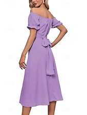 abordables Robes de vacances-Femmes Robe Midi Robe en coton et lin Mode Basique Moderne Quotidien Fête Sortir Coupe régulière Uni Manche Courte Épaules Dénudées Vert Claire Bleu Roi Violet Marron Été