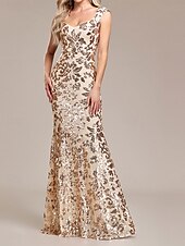 billige Aftenkjoler-Fisketail  Trompet Quinceañera Kjoler Elegant Kjole Bryllup Bryllupsgjester Gulvlengde Ermeløs V-Hals Polyester med Pynt