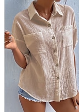 preiswerte Hemden-Damen Hemd Baumwoll-Leinen-Hemden Knopfleiste Bluse Einfach Basic Lässig Kurzarm Hemdkragen Normale Oberteile Ferien Ausgehen Knöpfe Tasche Schwarz Weiß Marineblau Khaki Grau Sommer