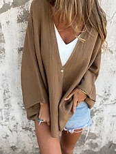 billige Skjorter-Kvinne Bomull Lin Bluse Shrugs Solid Farge Grunnleggende Gammel Lange Ermer V-Hals Vanlige Topper Daglig Knapper Svart Oransje Brun Grønn Mørk Grå Sommer