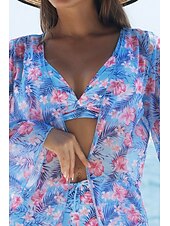 abordables Maillots de bain trois pièces-Femmes Maillots de Bain Trois Pièces Shorts Maillot de bain Tropical Tenues de plage Fleur Fil en V manche longue Maillots de bain