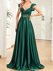 preiswerte Bodenlänge-Kleid Mutter der Braut Kleid Elegantes Party V-Ausschnitt Bodenlang Polyester Ärmellos mit Rüschchen