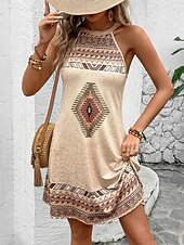 ieftine Rochii boho-Pentru femei Rochie Mini Rochie de Vară Rochie halter Rochie cu umeri Vacanță Casual Zilnic Fit regulat Grafic Tribal Fără manșon Gâtul halter Cămilă Vară