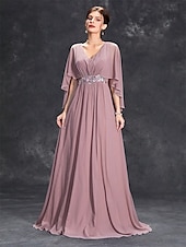cheap Floor Length-Dress Mother of the Bride Dress Elegant Party V Neck Floor Length Polyester Half Sleeve with Appliques 2025