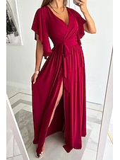 preiswerte Weiße Freizeitkleider-Damen kleid lang Formelle Kleidung Modisch Trompetenärmel Party Verabredung Regular Fit Glatt Kurzarm V Ausschnitt Schwarz Rote Blau Khaki Sommer