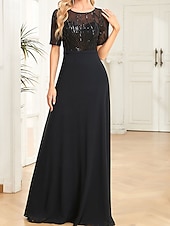 abordables Moins de 129,99 $-Robe pour mère de la mariée élégante robe de soirée décolleté rond longueur sol en chiffon spandex à manches courtes avec sequins